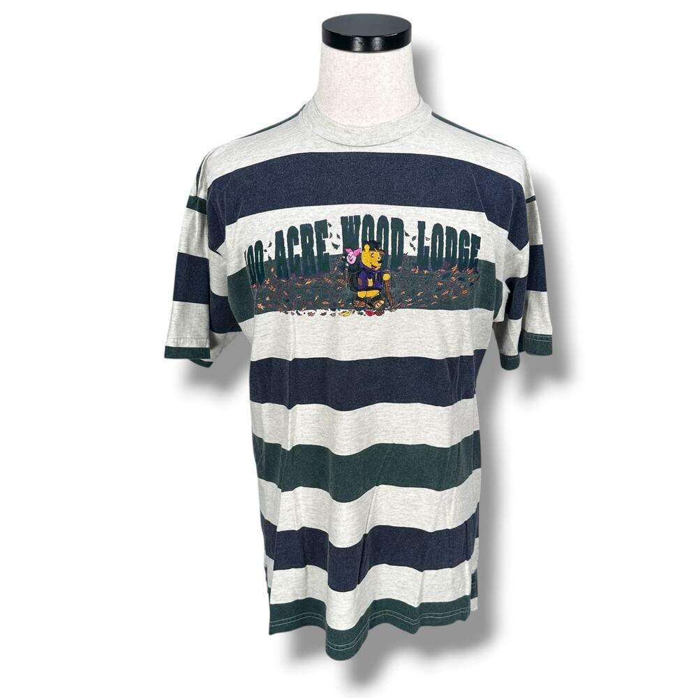Vintage Disney Pooh Piglet 100 Acre Wood Lodge T-Shirt Mens Large Gray Striped